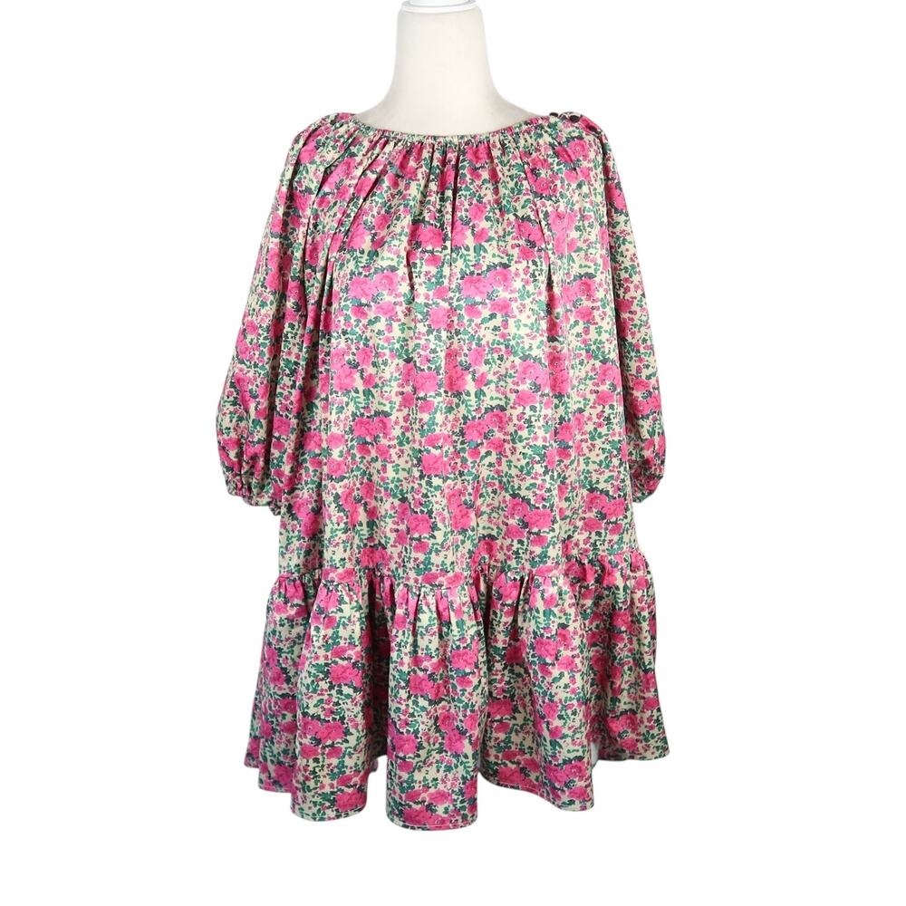 Saints & Hearts Pink and Green Floral Satin Flounce Hem Mini Dress M